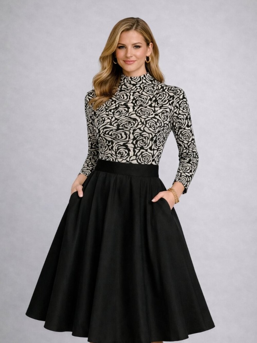 Black cream rose print long sleeve mock neck cropped top stretch elegant